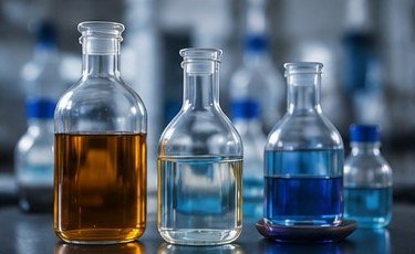 Laboratory bottles containing chemical samples